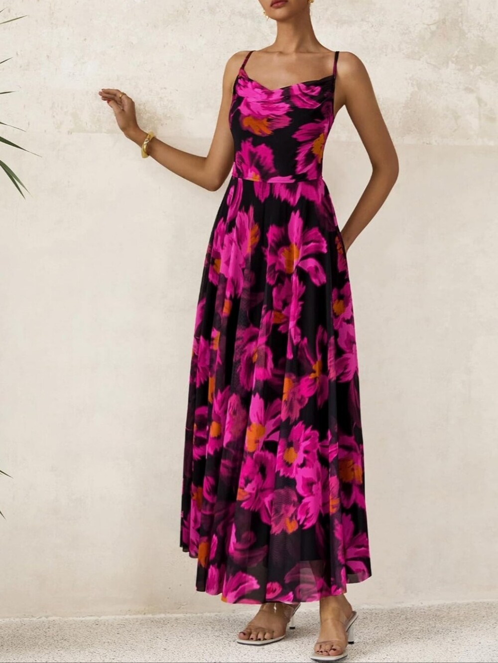 NWT BTFBM Women Summer Floral Maxi Dress Spaghetti Strap Black & Fuchsia